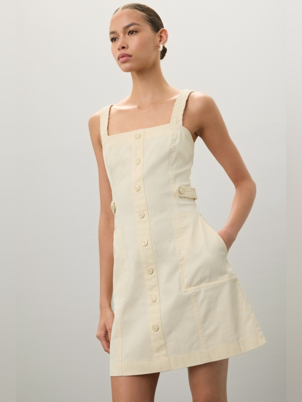 Derek Lam Cream Square-Neck Button Mini Dress